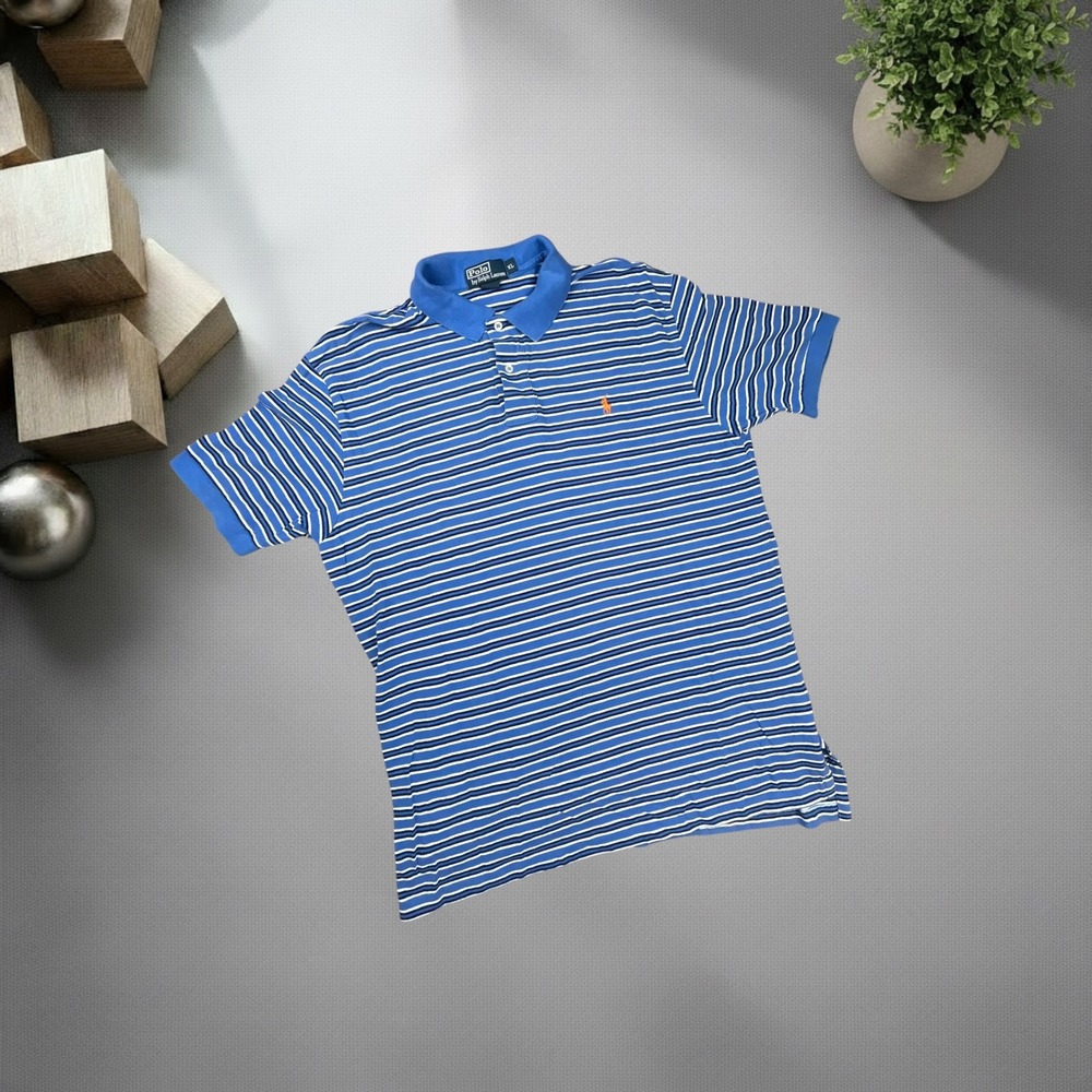 Polo Ralph Lauren Striped Polo Shirt Mens XL Blue White Y2K Vintage Boxy Fit
